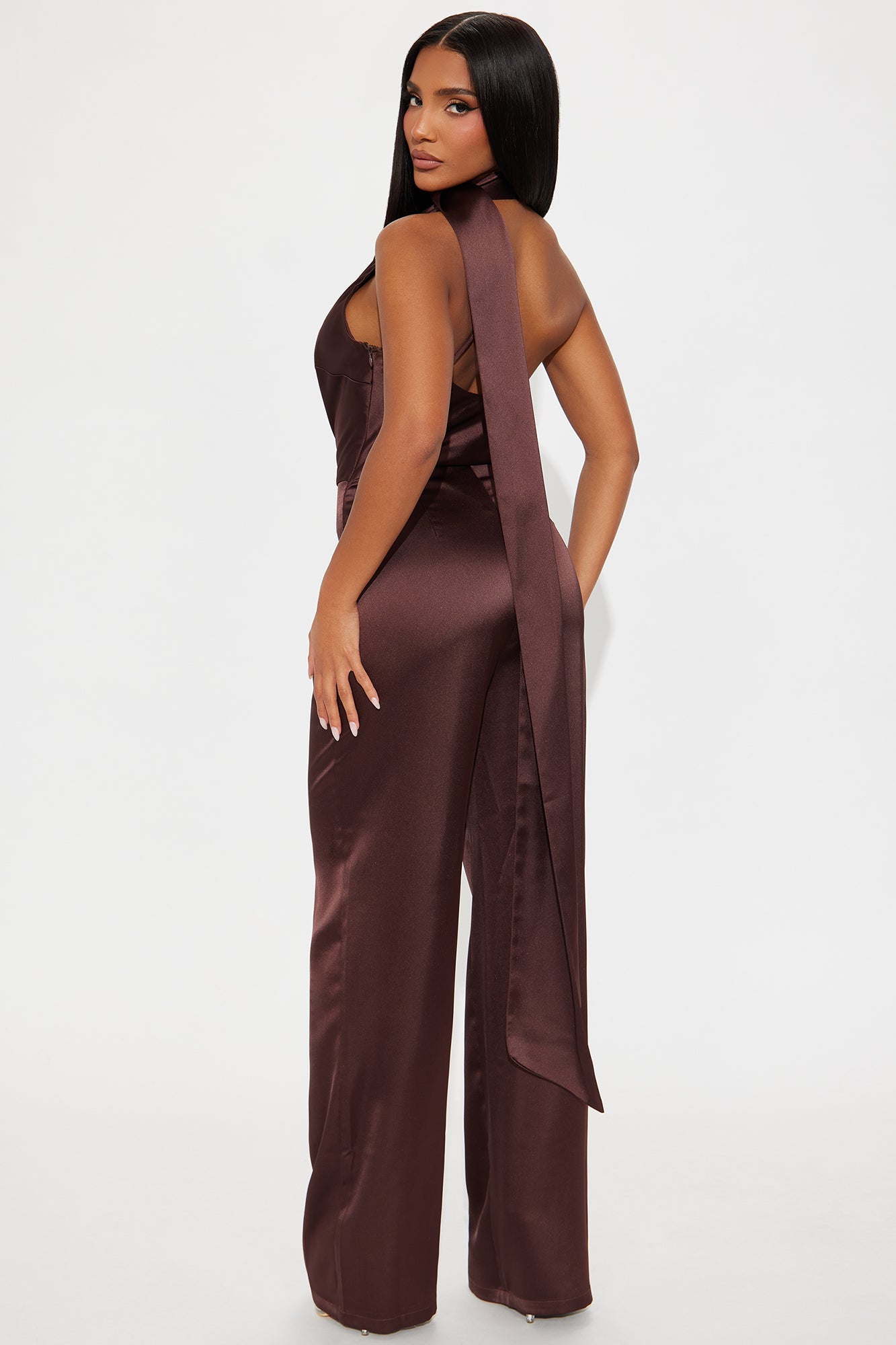 Citlali Satin Halter Jumpsuit - Chocolate