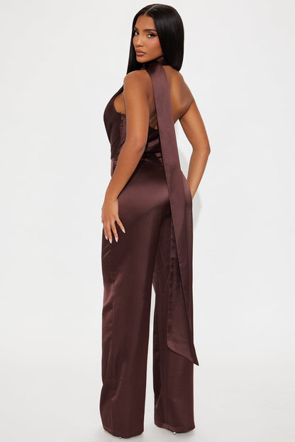 Citlali Satin Halter Jumpsuit - Chocolate
