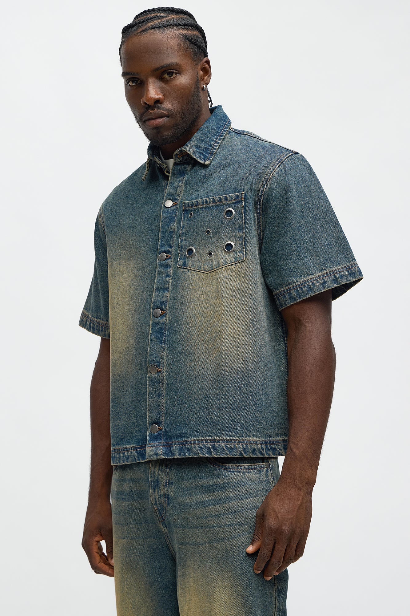 Eyelet Detail Button Down Denim Shirt - Vintage Blue Wash