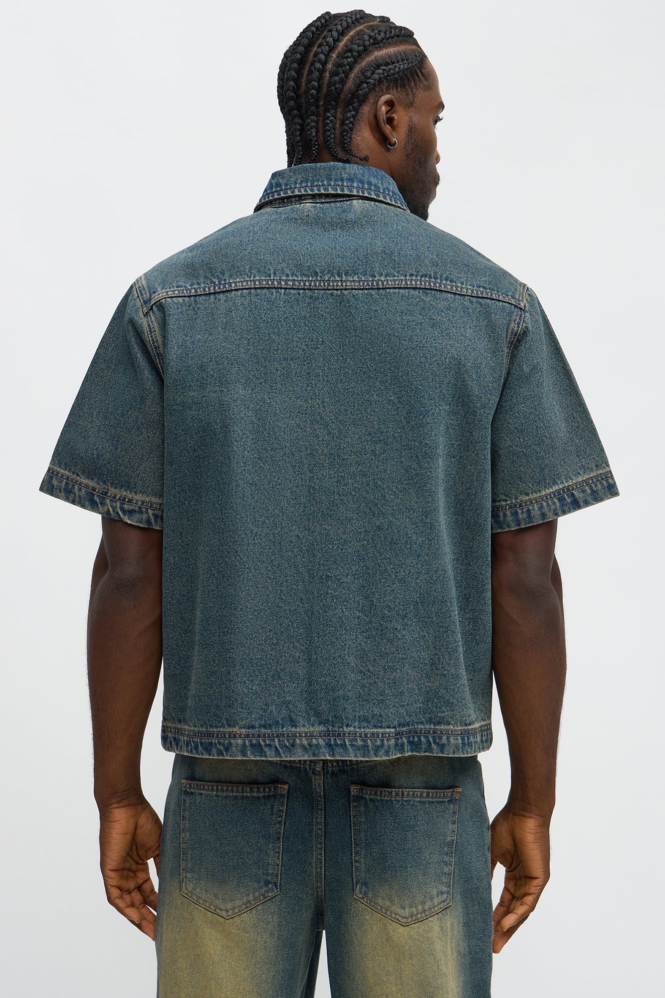 Eyelet Detail Button Down Denim Shirt - Vintage Blue Wash