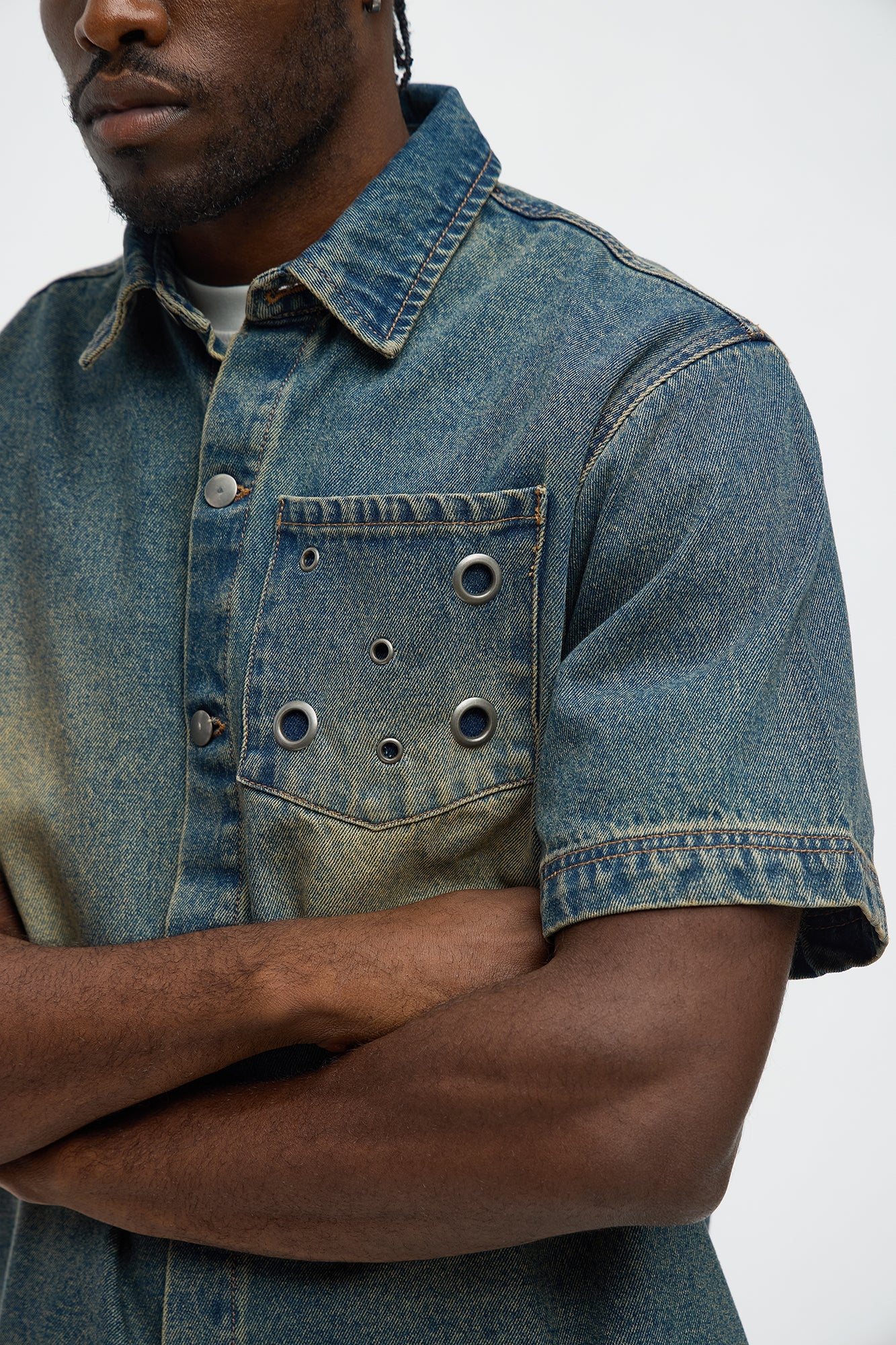 Eyelet Detail Button Down Denim Shirt - Vintage Blue Wash