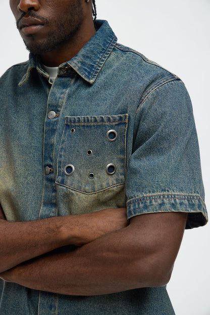 Eyelet Detail Button Down Denim Shirt - Vintage Blue Wash
