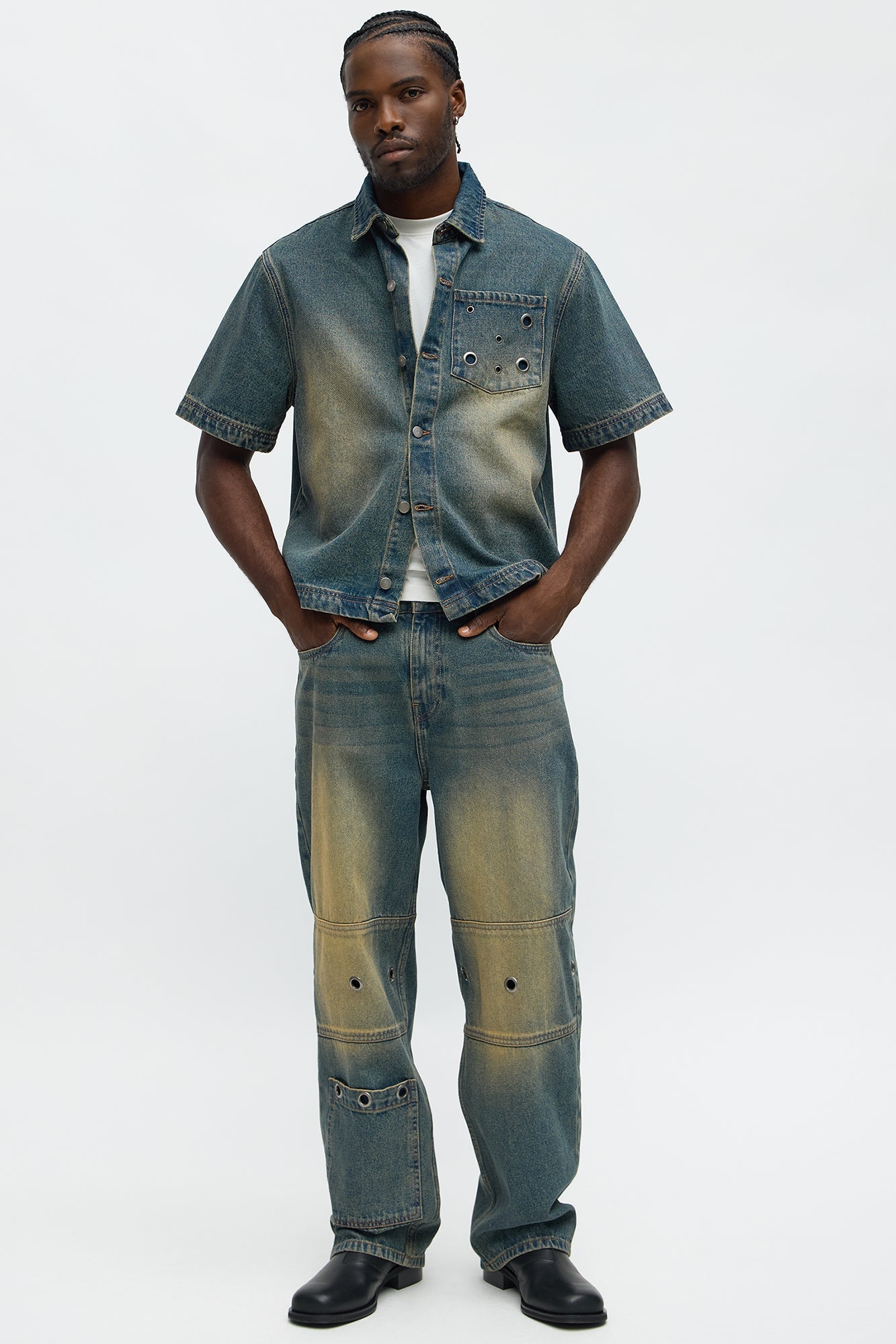 Eyelet Detail Button Down Denim Shirt - Vintage Blue Wash
