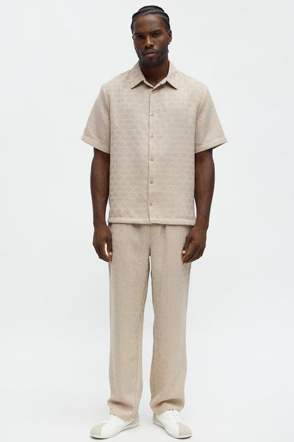 Crosshatch Textured Short Sleeve Button Up Shirt - Taupe
