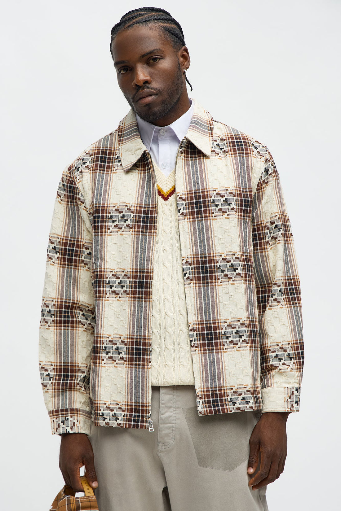 Plaid Zip Up Shirt - Brown Combo