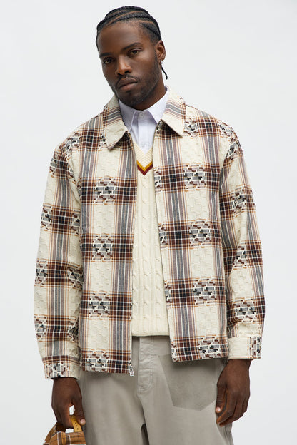 Plaid Zip Up Shirt - Brown Combo