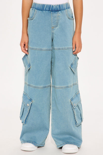 Mini Right Now Knit Denim Cargo Pants - Medium Wash