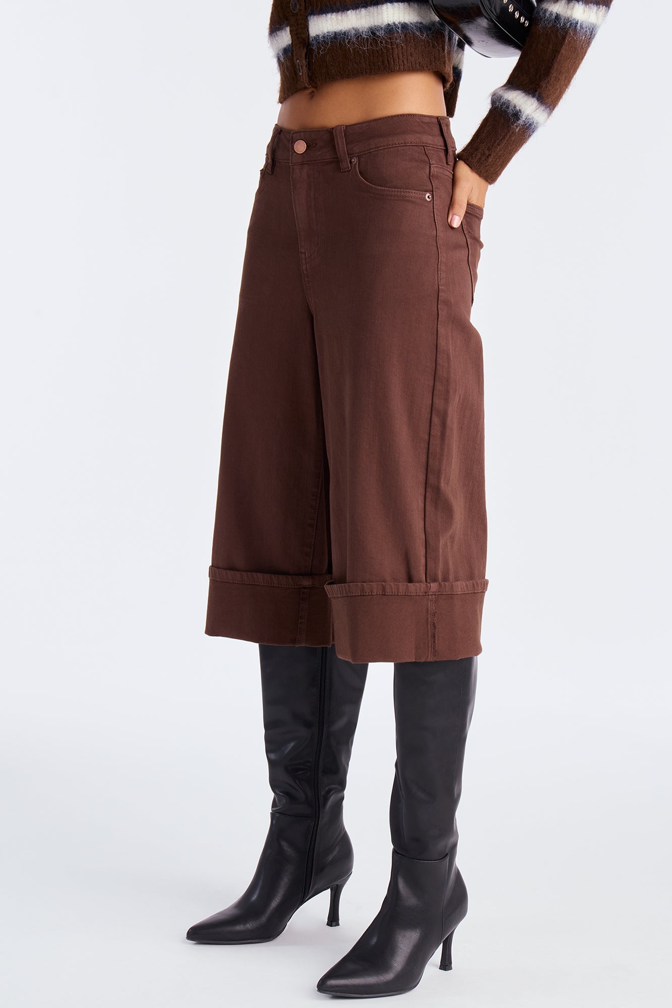 Down The Road Cuffed Denim Jorts - Brown