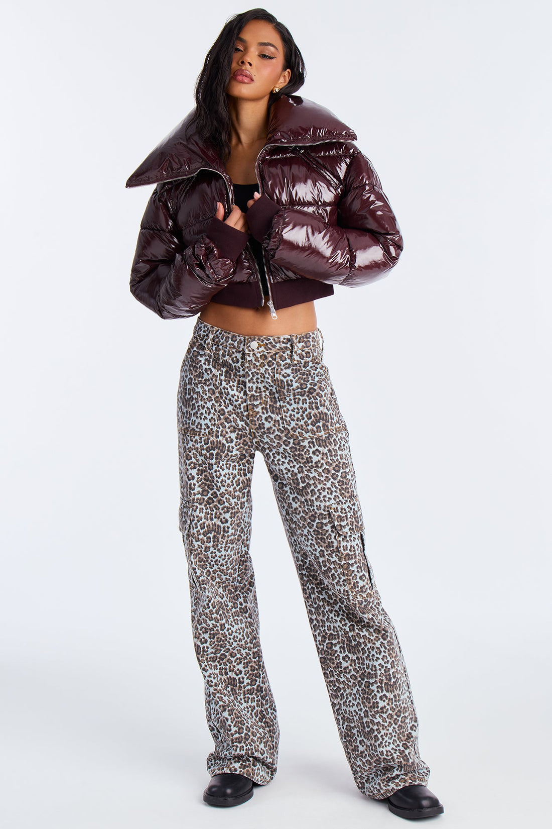 Billie Faux Patent Leather Cropped Puffer Jacket - Chocolate