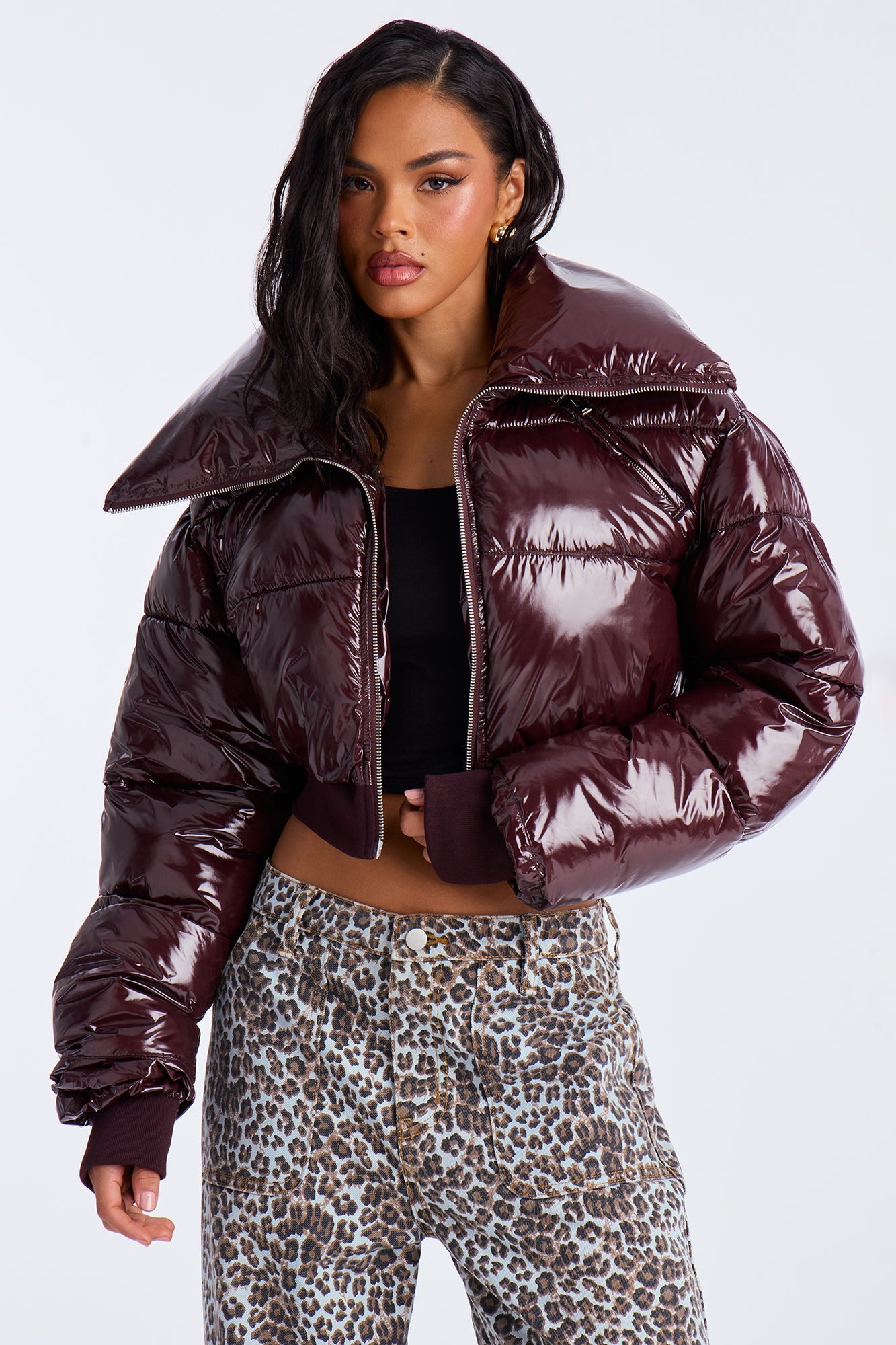 Billie Faux Patent Leather Cropped Puffer Jacket - Chocolate
