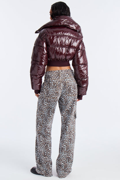 Billie Faux Patent Leather Cropped Puffer Jacket - Chocolate