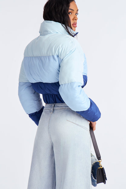 Drip Or Drown Ombre Cropped Puffer Jacket - Blue