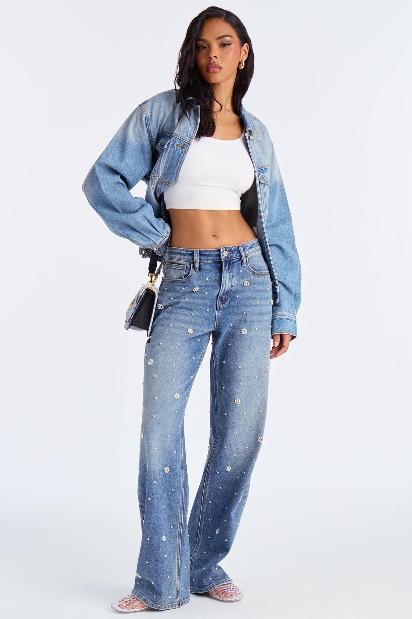 Oh So Pearly Embellished Straight Leg Jeans - Vintage Wash