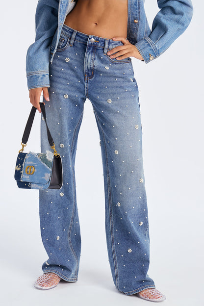 Oh So Pearly Embellished Straight Leg Jeans - Vintage Wash