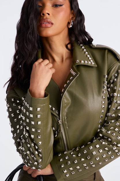 On Tour Studded Faux Leather Moto Jacket - Olive