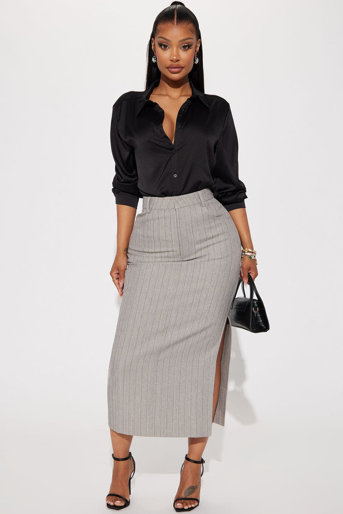 Work That Pinstripe Midi Skirt - Grey