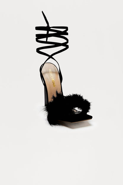 Aubrie Feather Wrap Up Heels - Black