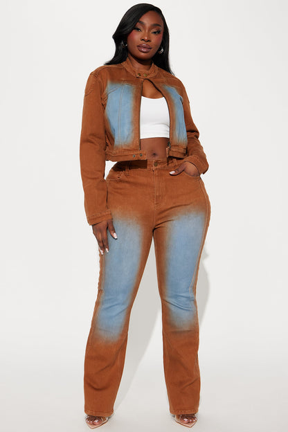 Switch Lanes Tinted Moto Flare Jeans - Brown