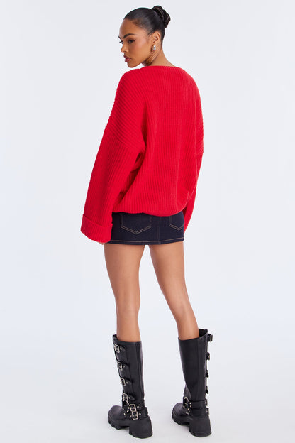 All Wrapped Up Chunky Knit Pullover Sweater - Red