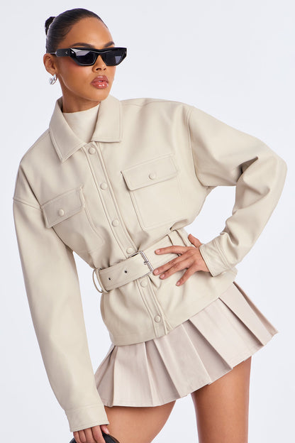 Melanie Belted Faux Leather Jacket - Stone