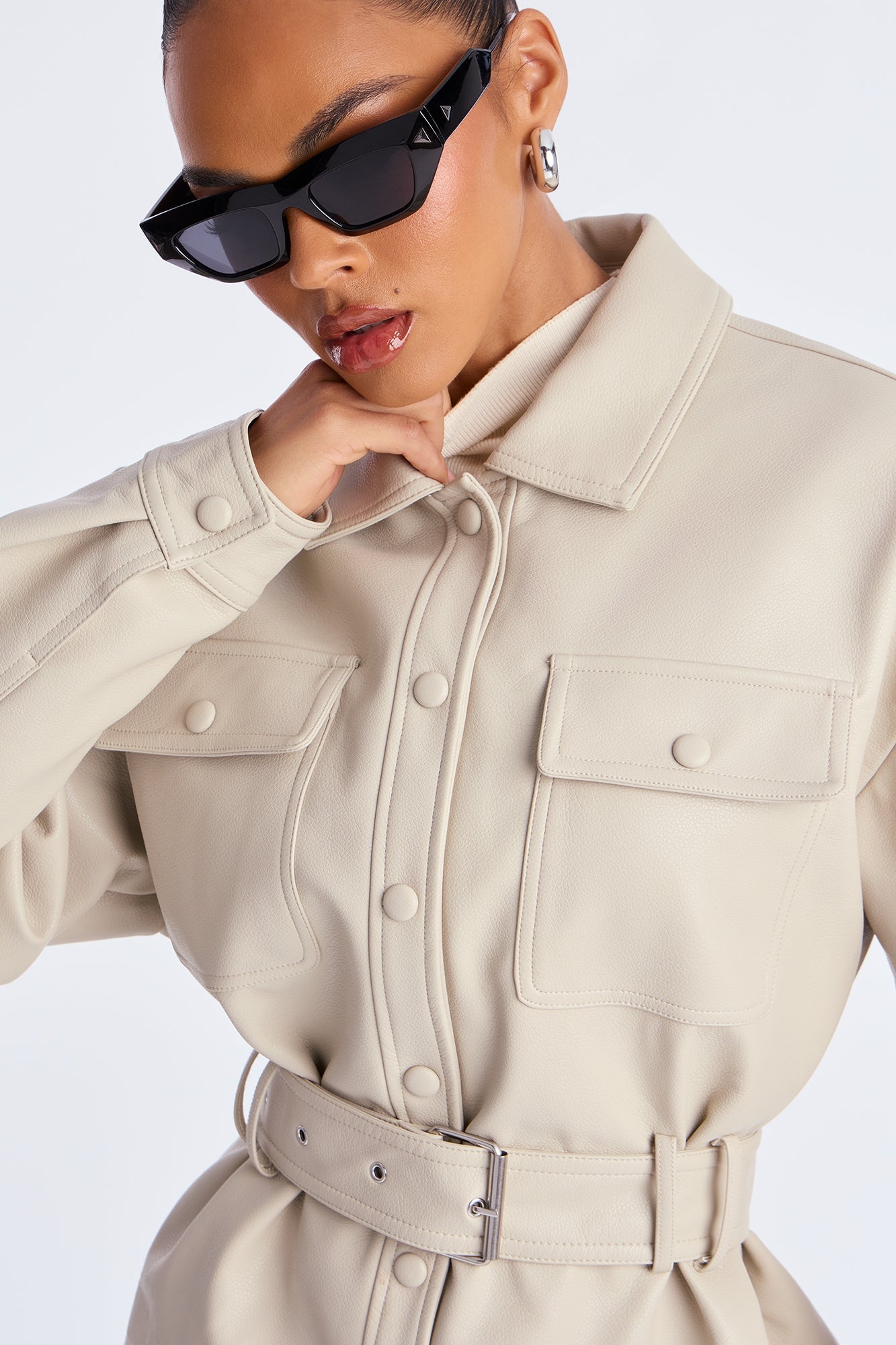 Melanie Belted Faux Leather Jacket - Stone