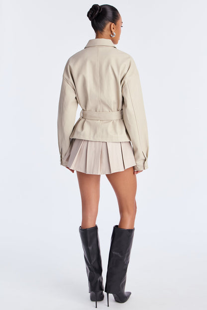 Melanie Belted Faux Leather Jacket - Stone