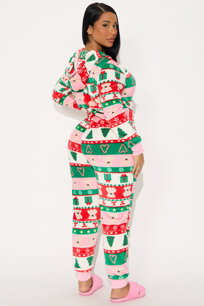 Sweetest Holiday Plush Hoodie PJ Jumpsuit Onesie - Green/combo