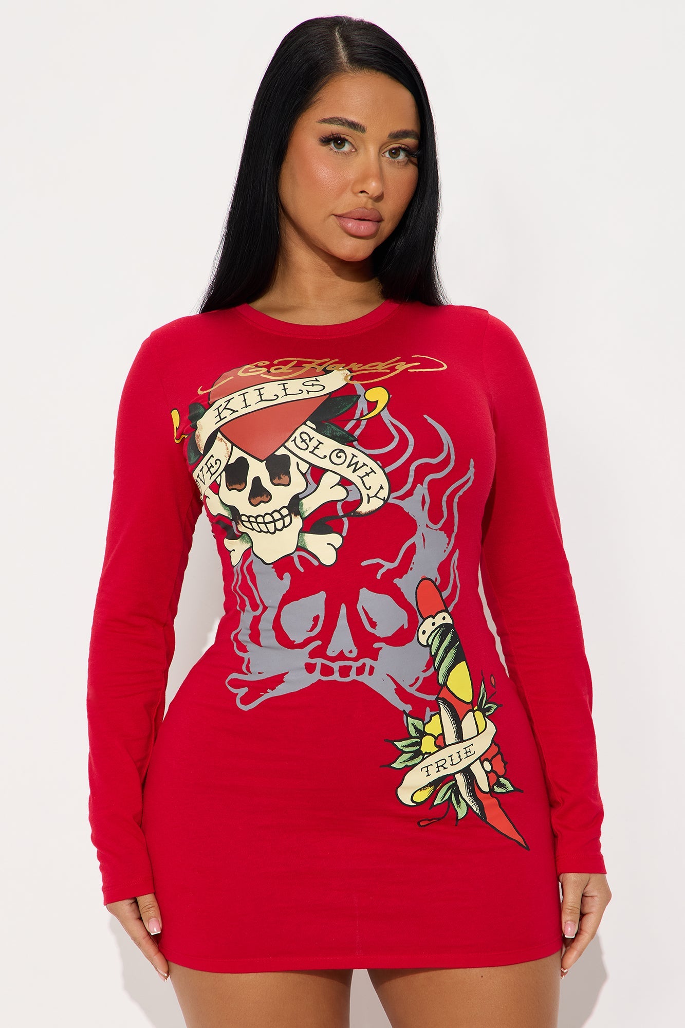 Ed Hardy Love Kills Long Sleeve Mini Dress - Red