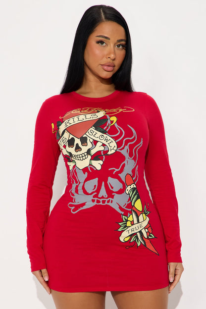 Ed Hardy Love Kills Long Sleeve Mini Dress - Red