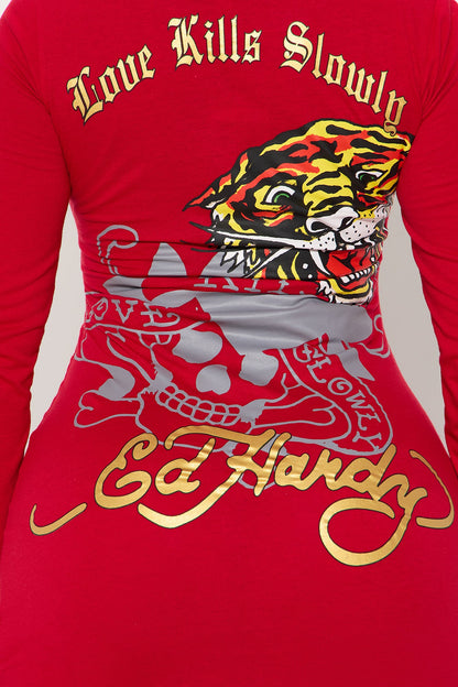 Ed Hardy Love Kills Long Sleeve Mini Dress - Red