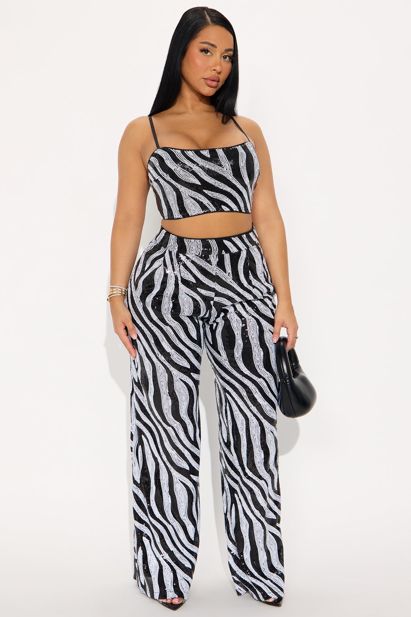 Wild Sparkle Zebra Sequin Pant Set - Black/White