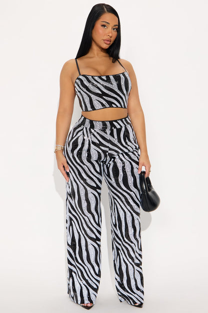 Wild Sparkle Zebra Sequin Pant Set - Black/White