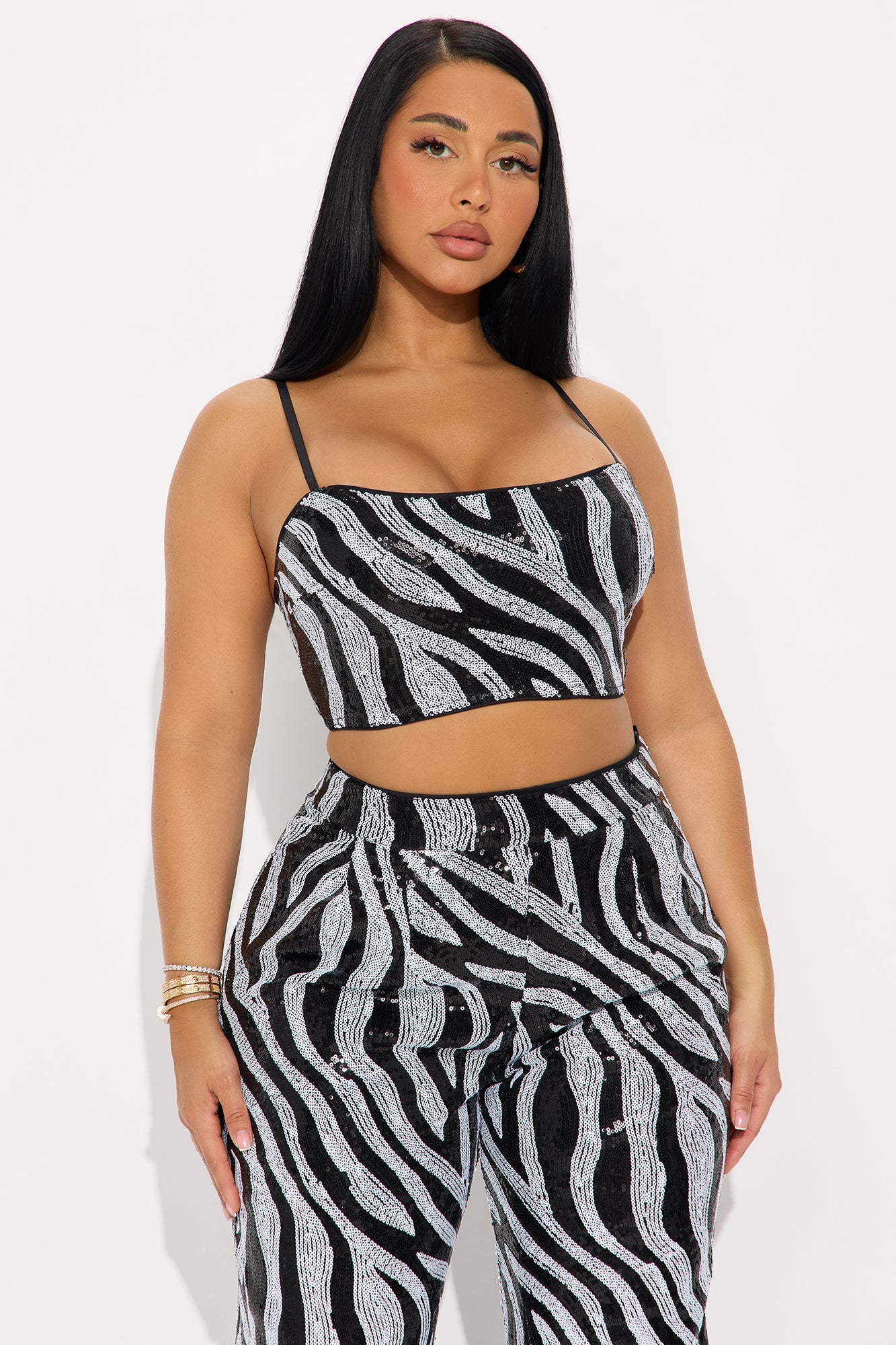 Wild Sparkle Zebra Sequin Pant Set - Black/White