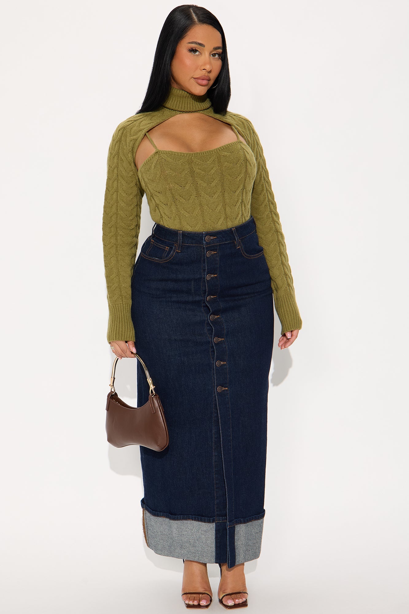 Carefree Cable Knit Cami Sweater 2 Piece Set - Sage