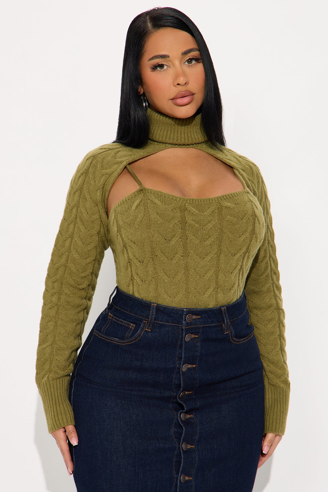 Carefree Cable Knit Cami Sweater 2 Piece Set - Sage