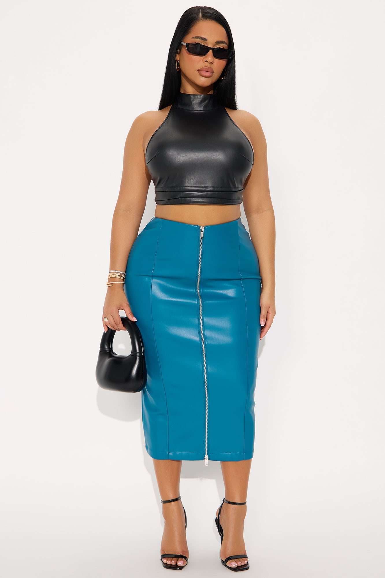Makayla Faux Leather Midi Skirt - Teal