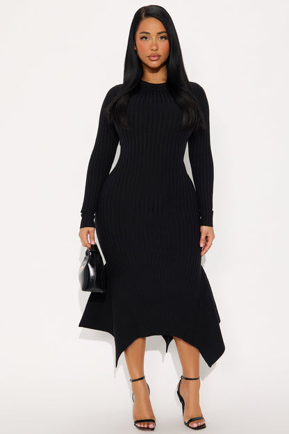 Rare Catch Long Sleeve Ribbed Midi Dress - Black