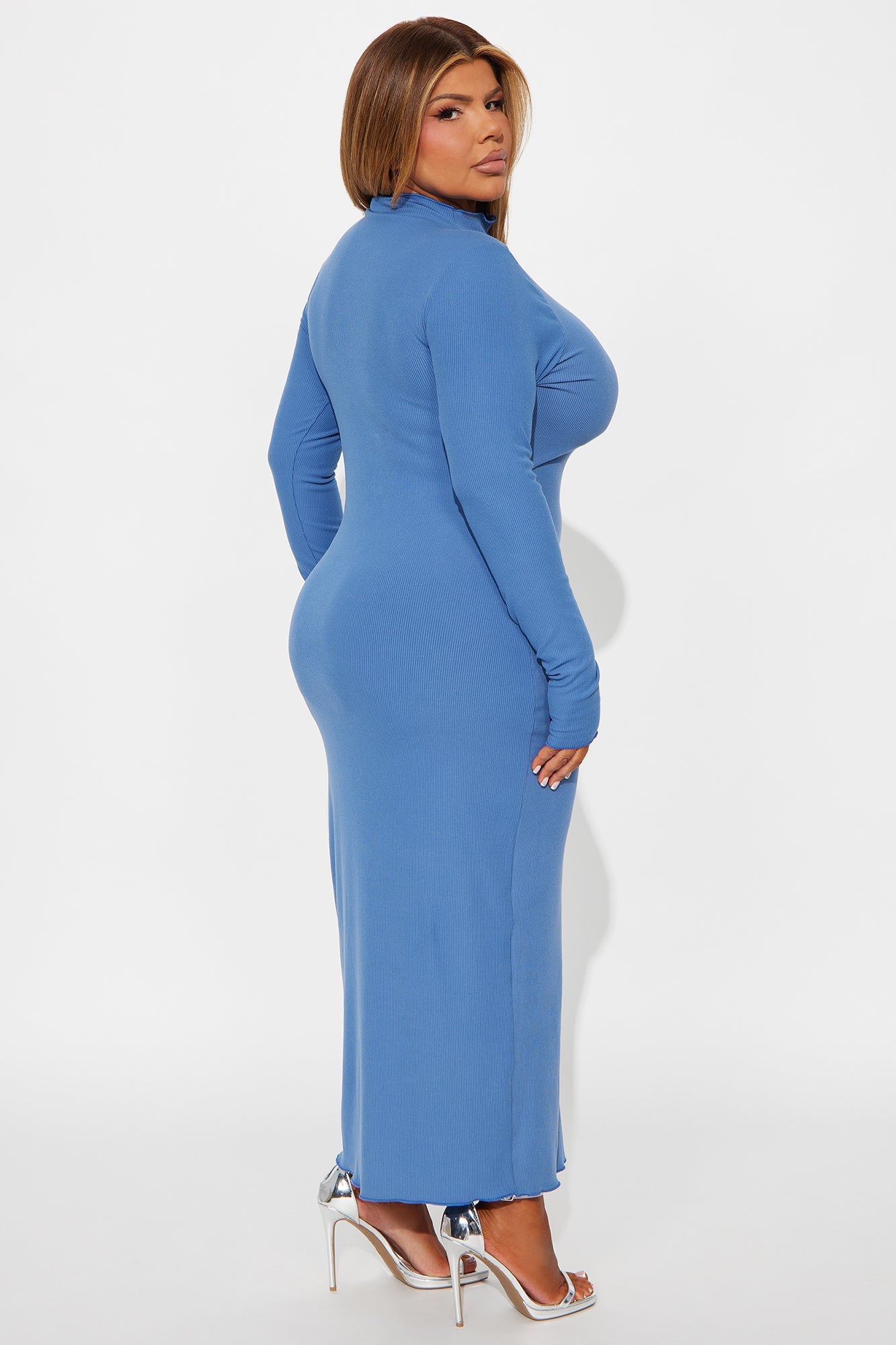 Ryann Long Sleeve Ribbed Midi Dress - Blue