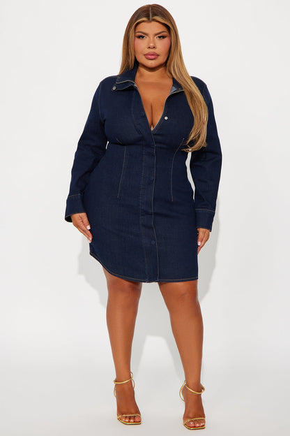 Yasmine Long Sleeve Denim Mini Dress - Dark Denim