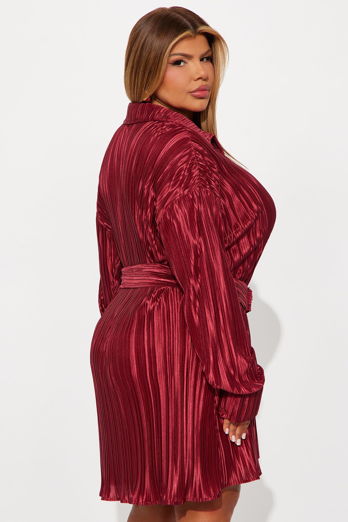 Hot Off The Press Pleated Satin Mini Dress - Wine