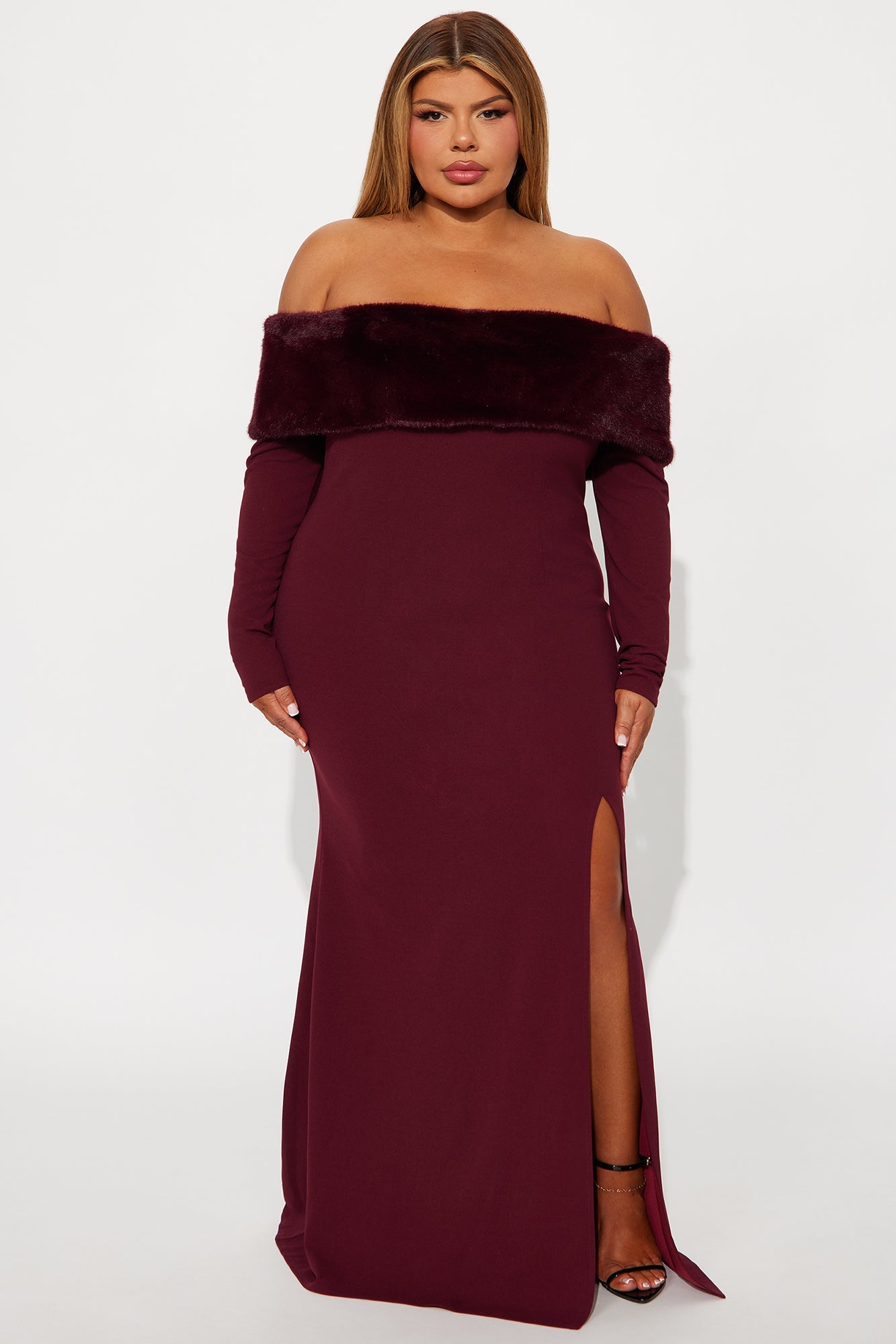 Erin Off Shoulder Fur Maxi Dress - Burgundy
