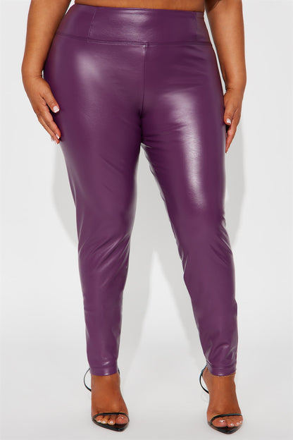 Faux Leather Tummy Tuck Leggings - Plum