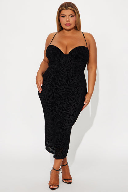 Gianna Flocked Mesh Midi Dress - Black
