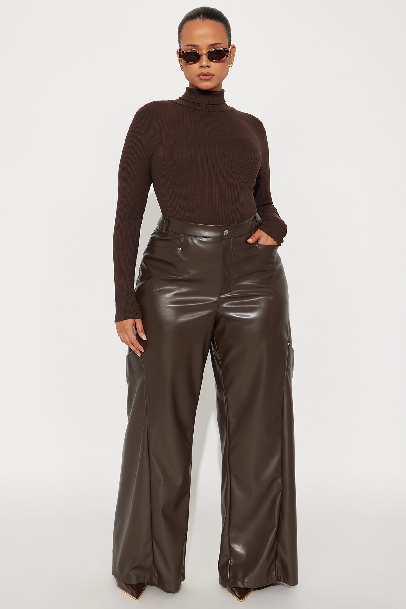 Cara Faux Leather Wide Leg Pant 33 - Brown