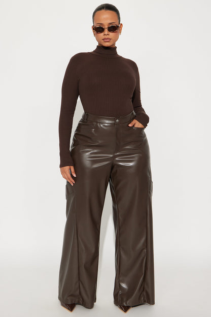 Cara Faux Leather Wide Leg Pant 33 - Brown