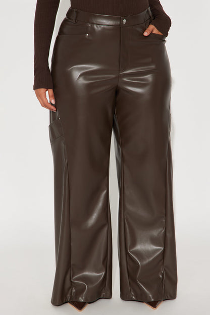 Cara Faux Leather Wide Leg Pant 33 - Brown
