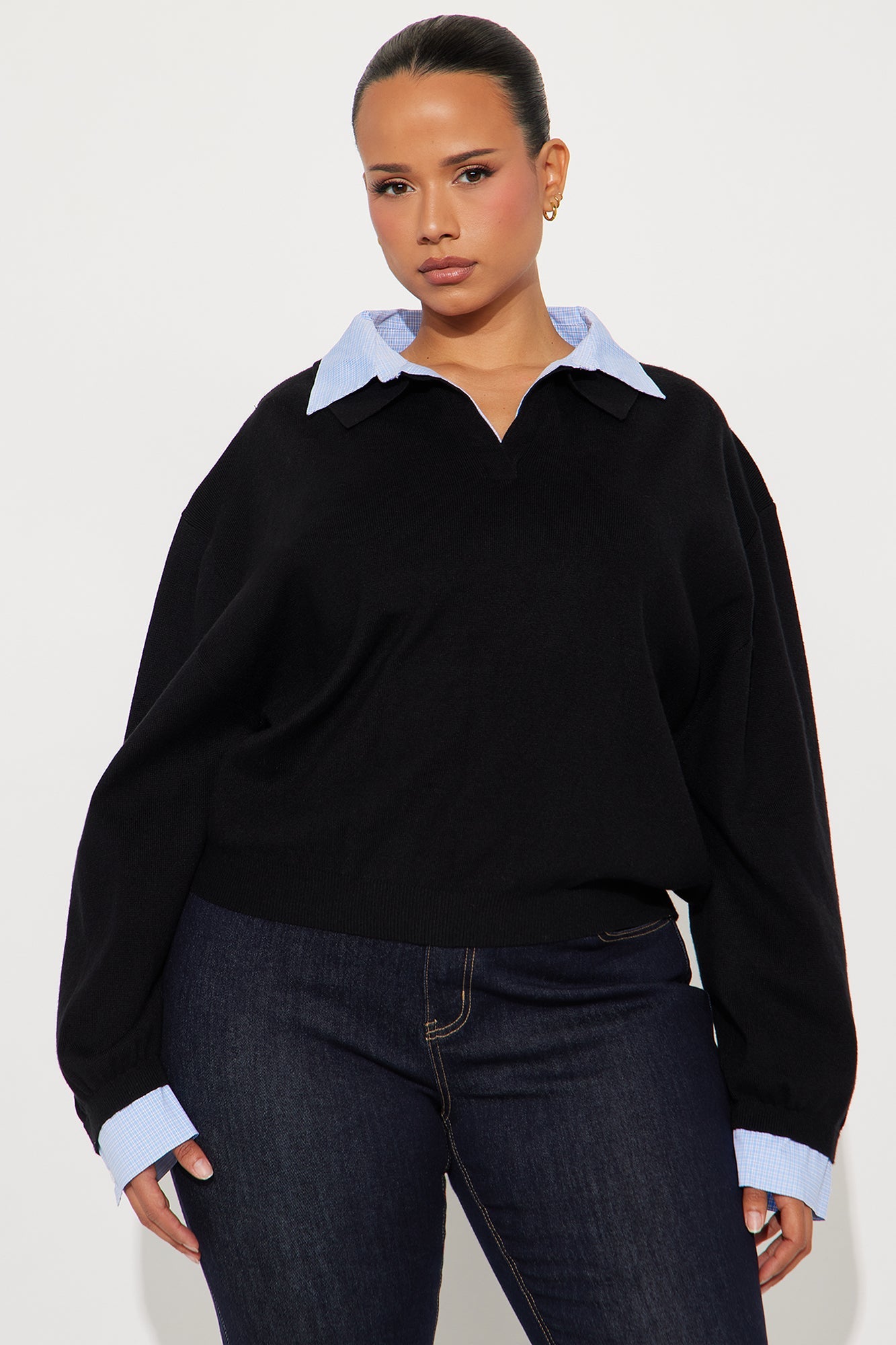 Clocked In Poplin Collar Sweater - Black/combo