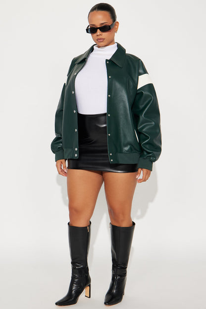 Candice Faux Leather Varsity Jacket - Olive/combo