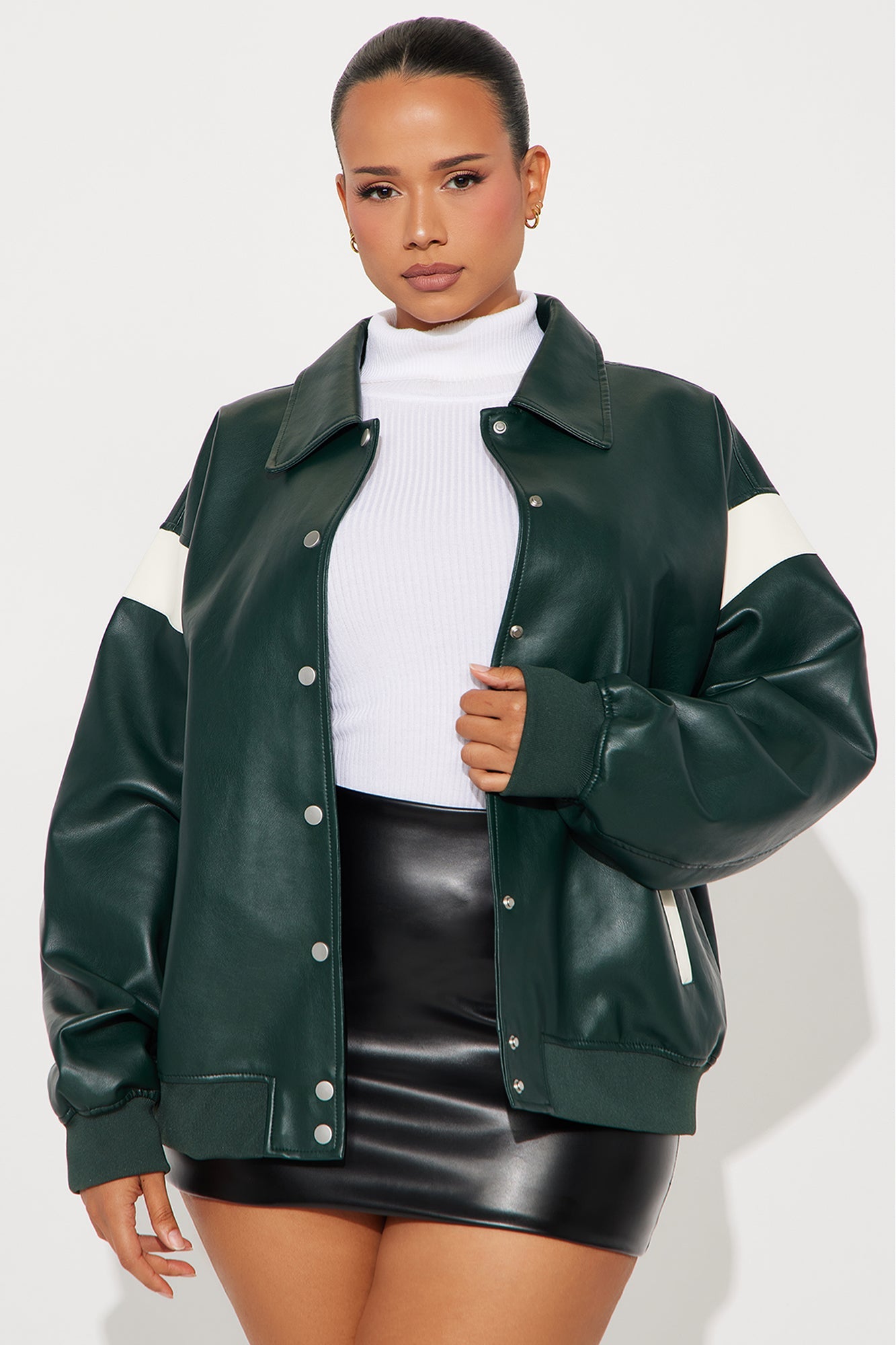 Candice Faux Leather Varsity Jacket - Olive/combo