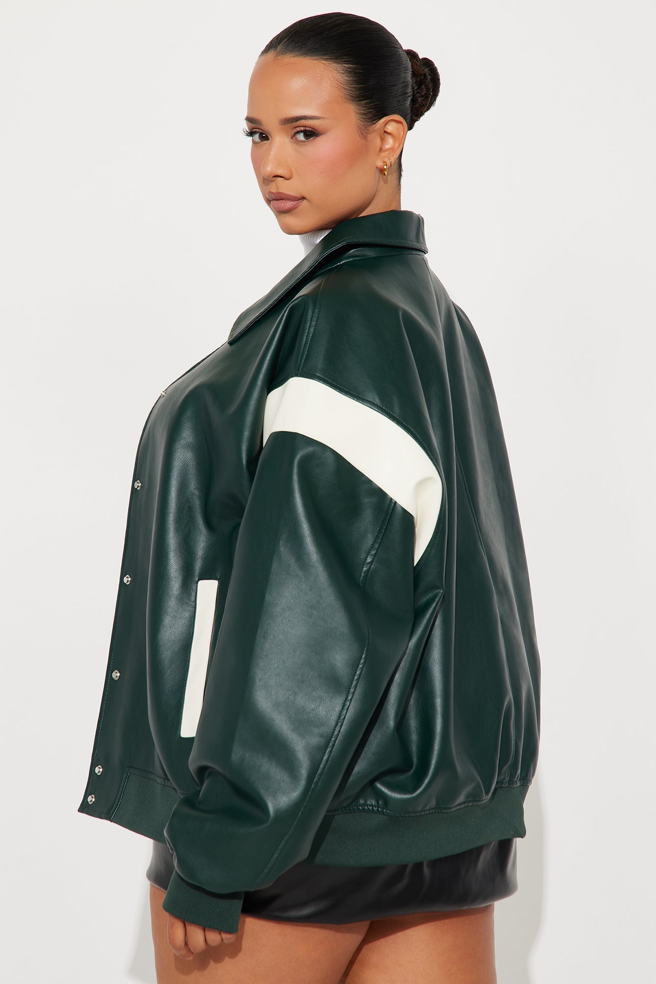 Candice Faux Leather Varsity Jacket - Olive/combo